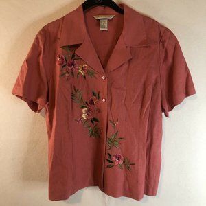 Napa Valley Button Up V Collared Floral Pink Shirt